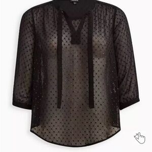 Torrid NWT Georgette Metallic Clip Dot Black Peasant Blouse
